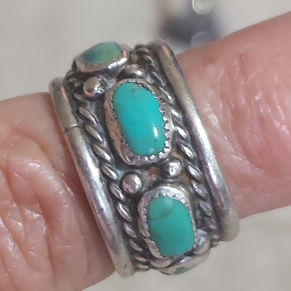 Vintage Sterling Silver Turquoise Boho Statement Band Ring - Picture 5 of 9